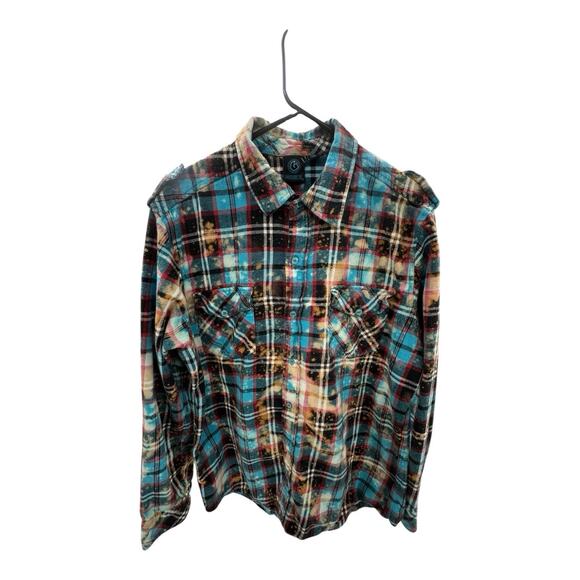 UPCYCLED Burnside Bleach Blue Red Black XL Flannel Long Sleeve Floral Cow Skull - Picture 1 of 7